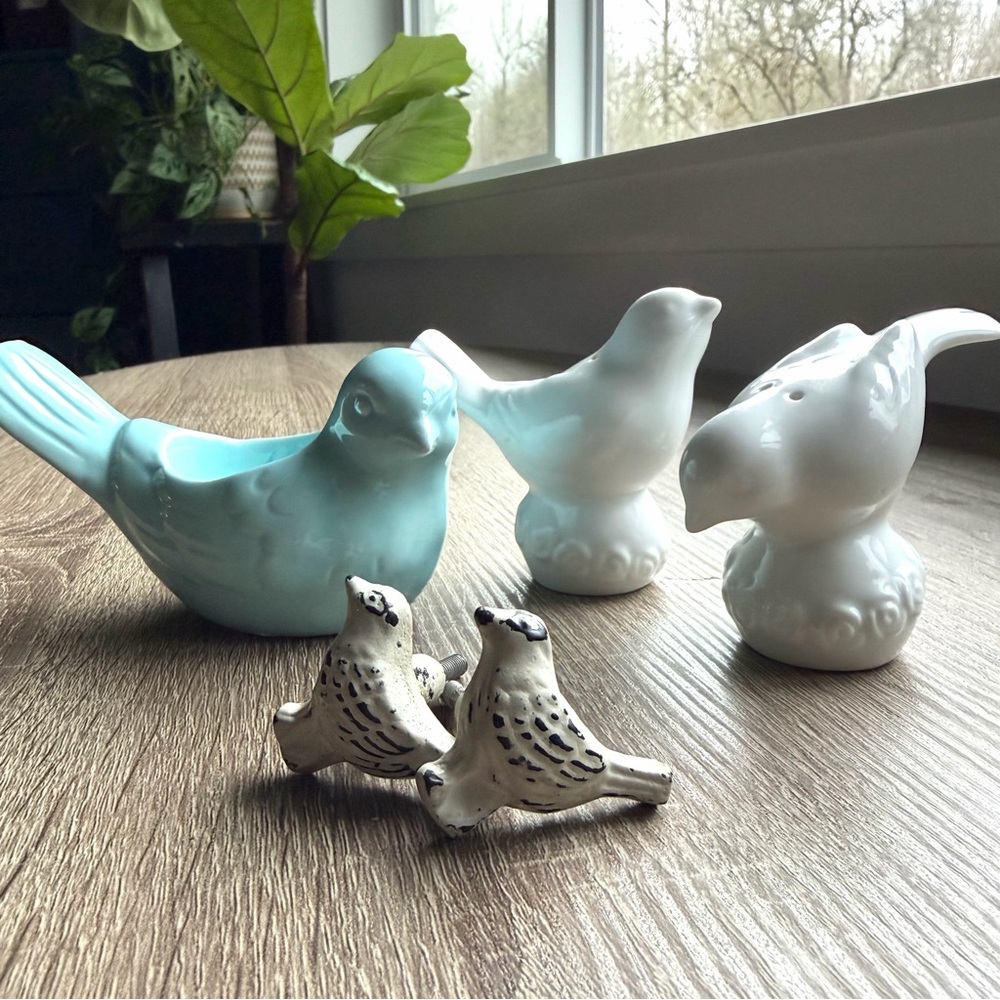 Ceramic Bird Figurine Set - Blue, White, and Silver